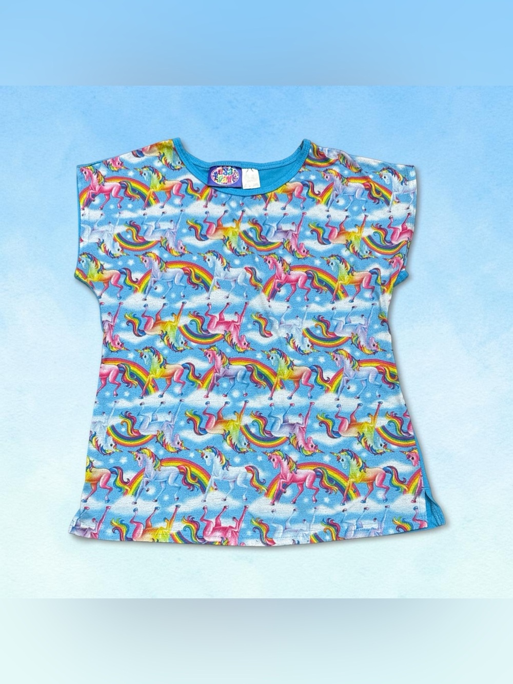 Vintage 90s LISA FRANK Unicorn Rainbow T-Shirt Short Sleeved Women Small Blue